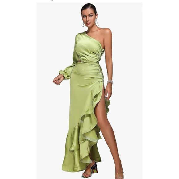Bella Barnett Women L One Shoulder Dress Elegant Satin Maxi Dress Prom Wedding N - Picture 1 of 7